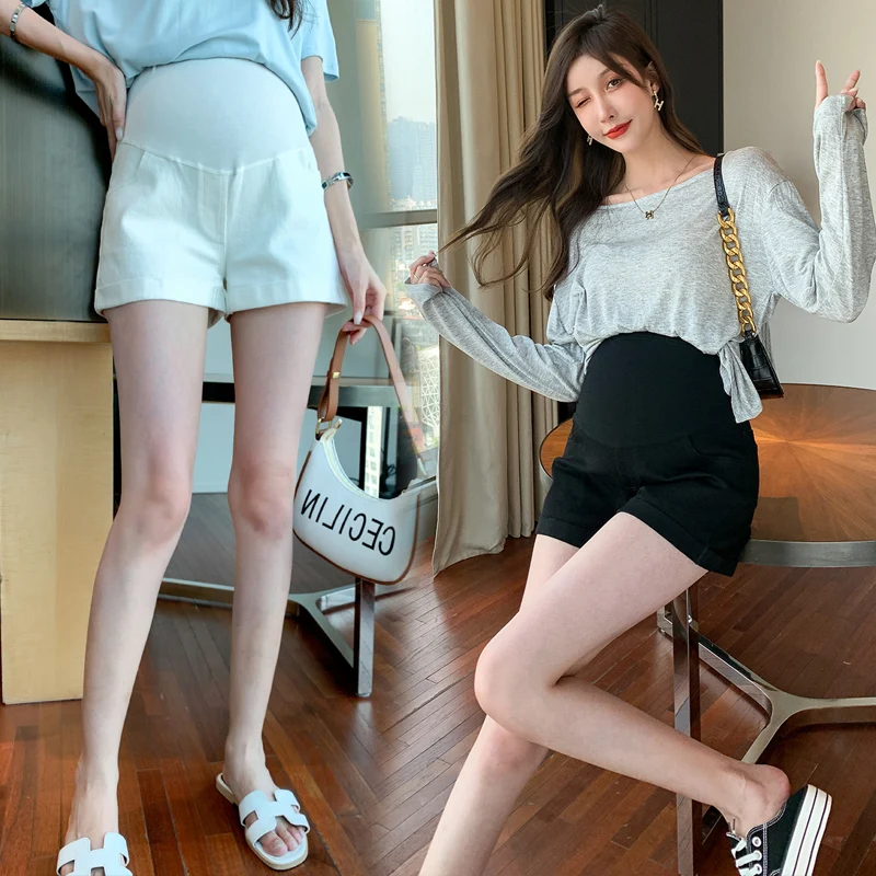

Hot pants cotton wide leg maternity denim trousers fashion pants jeans black white 2025 summer loose pregnant women belly shorts
