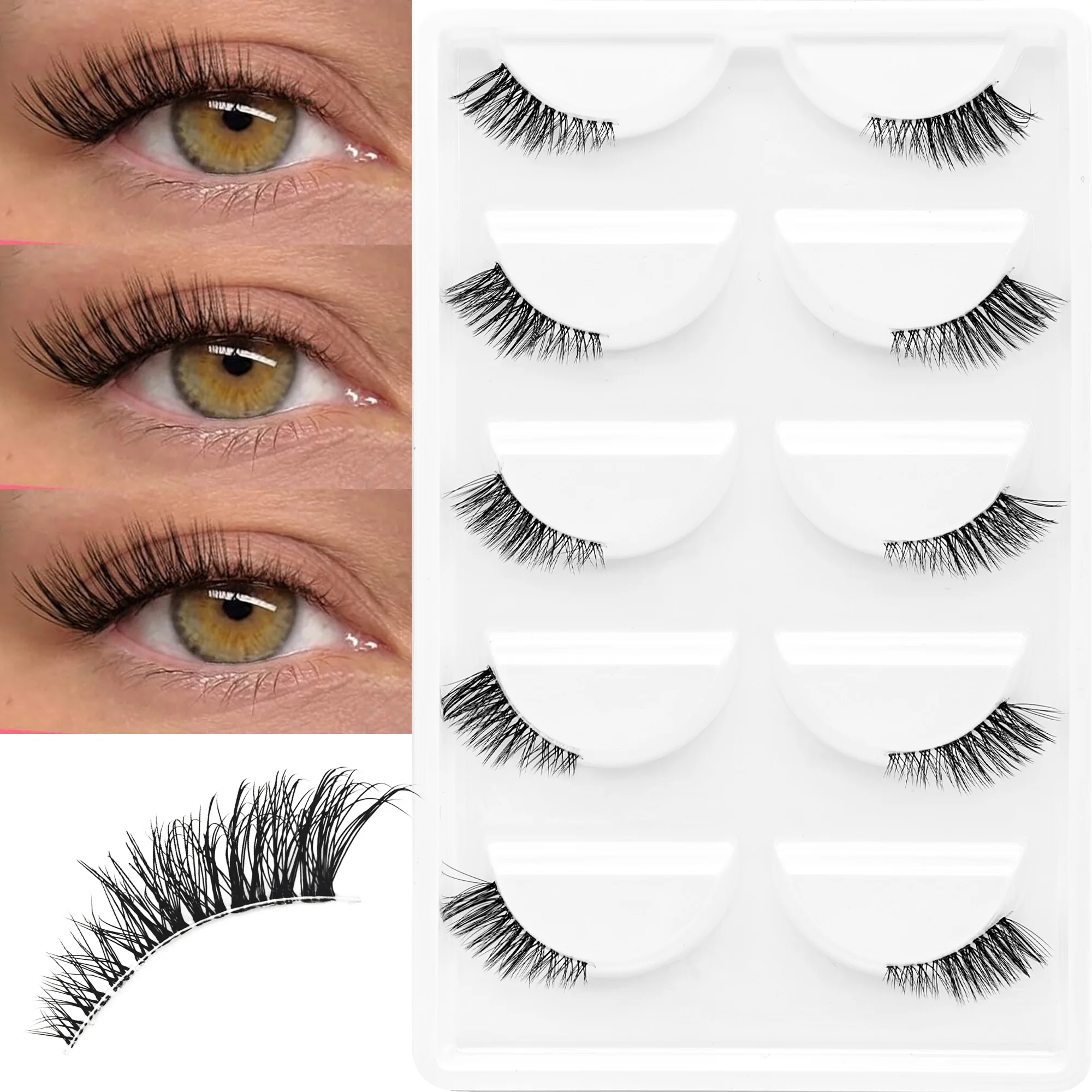 5 Pairs of Natural-Style Half-Lash Outer-Corner False Eyelashes (3–10mm) — Lightweight & Lively, Clear Band, 3/4 Length