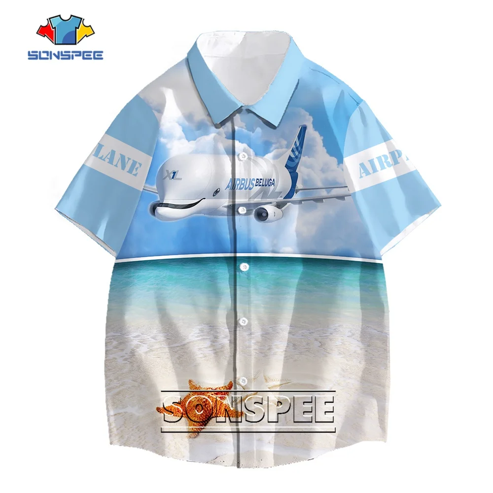 

SONSPEE 3D Printing Seaside Scenery Image Botton Shirt Unisex T-Shirt Flying Airplane Gift Blouse Short Sleeve Starfish Tops