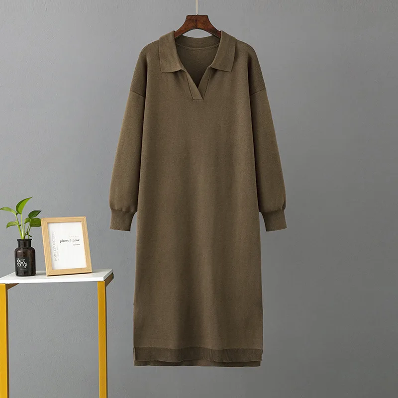 Winter Warm Thick Knit Women Sweater Split Dress Fashion Autumn Warm Dress Ladys Soft  Polo Neck Casual Loose Oversized Dresses