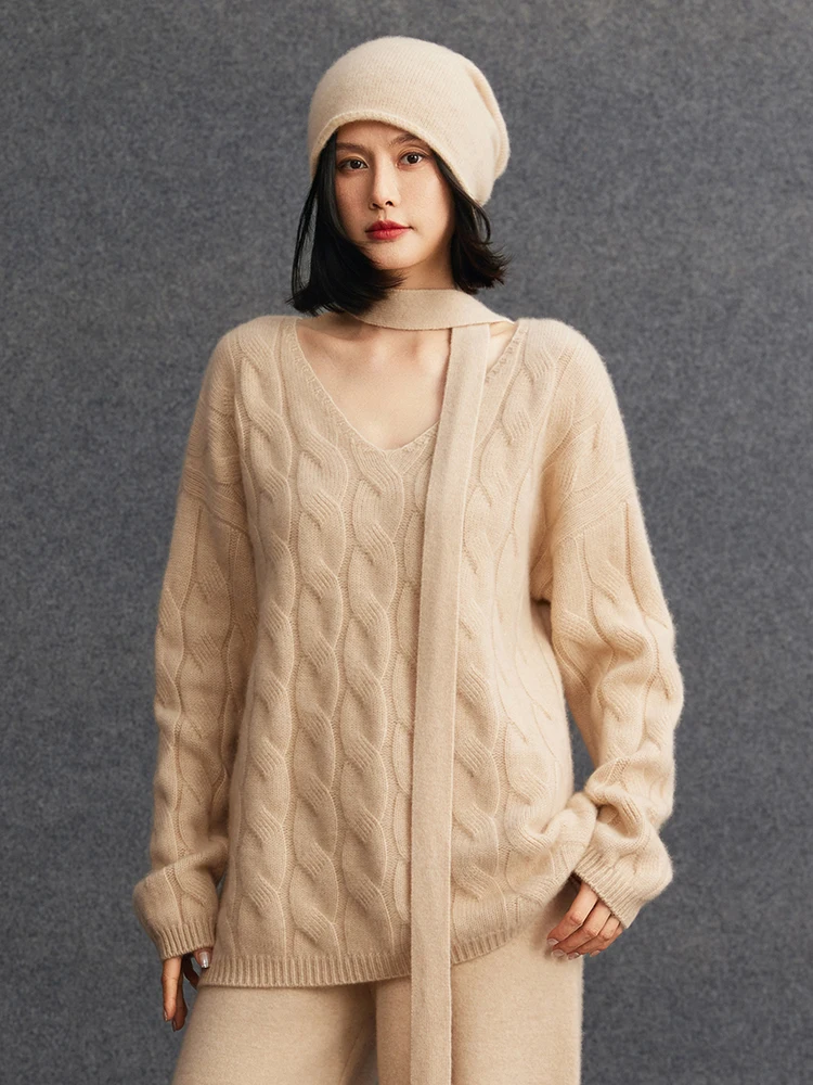 TLOML Suéter feminino 100% caxemira com decote em V pulôver grosso solto cabo tricotado de caxemira outono inverno macio quente tops de luxo