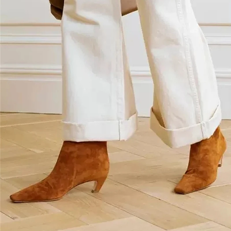 Embroidered Square Toe Cat Heel Western Cowboy Boots Woman Winter 2024 Slip-On Shaped Heel Slim Boots Fashion Shoes for Women