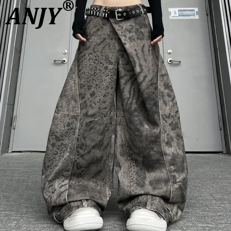 

ANJY Sping Autumn New Women American Retro Deconstructed Patchwork Leopard Print Jeans Loose Casual Wide-Leg Denim Pants A21807