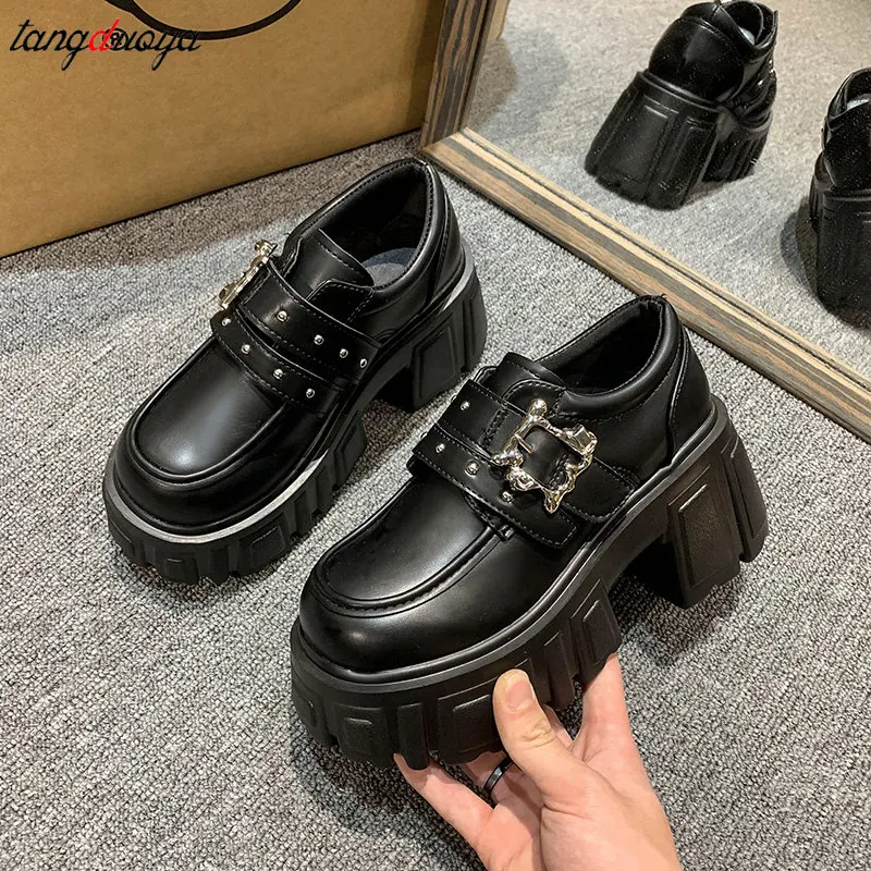 Punk Metal buckle Shoes Woman 2024 New Platform lolita shoes British Style Vintage brown Leather High Heels Woman Casual Loafers