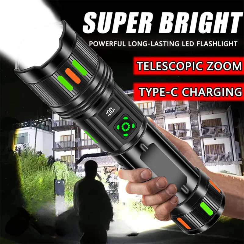 Powerful LED Flashlight With Zoom And Digital Display Type-C Rechargeable Flashlight For Camping Hiking Lantern