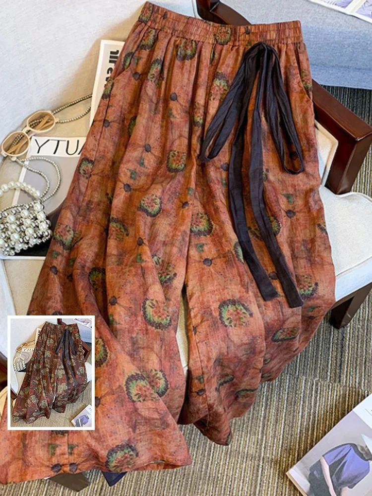 

Retro Print Wide Leg Pants Elastic Waist Casual Loose Fit Summer Season Plant Floral Patterned Big Size Women's Casual Trousers