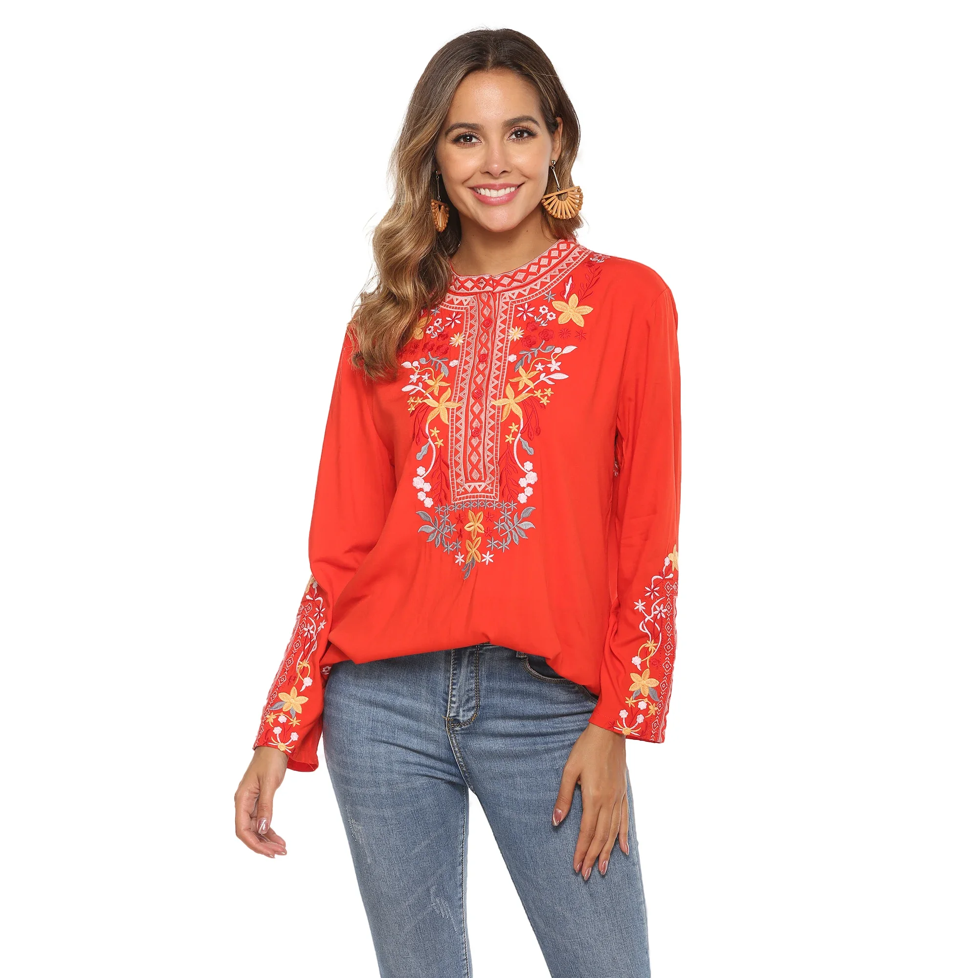 Eaeovni bordado topos de manga longa feminino mexicano boho camponês casual solto túnicas outono blusa camisas para mulher