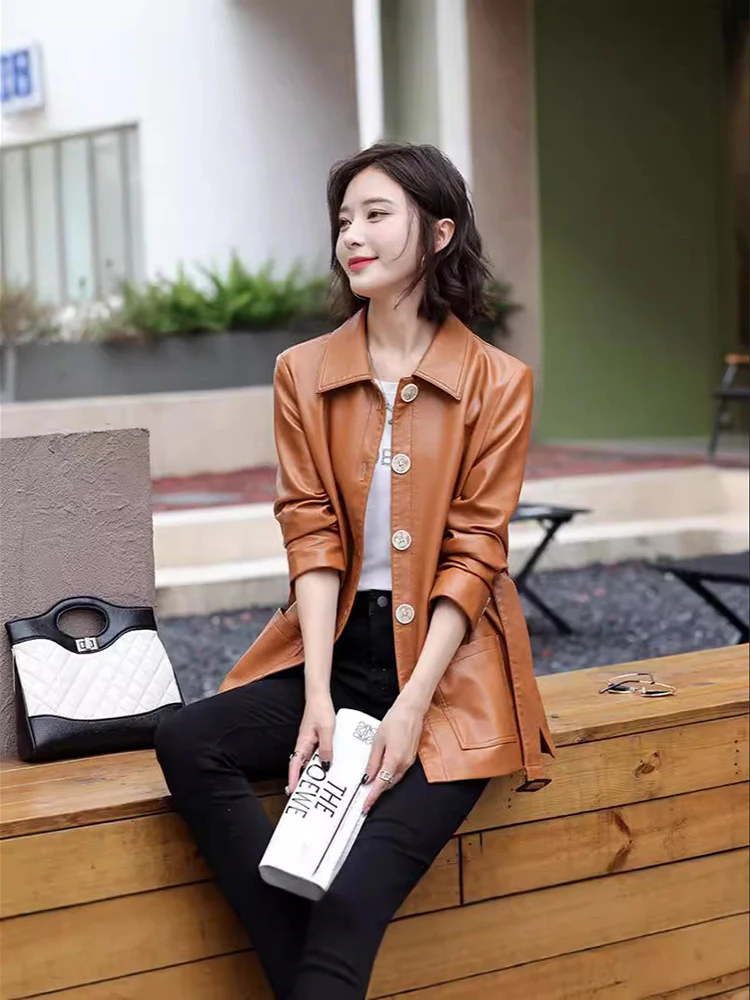 Fashion Slim Turndown Collar Slimming Leather Jacket New Women Spring Autumn Commute Single Breasted Leather Coat