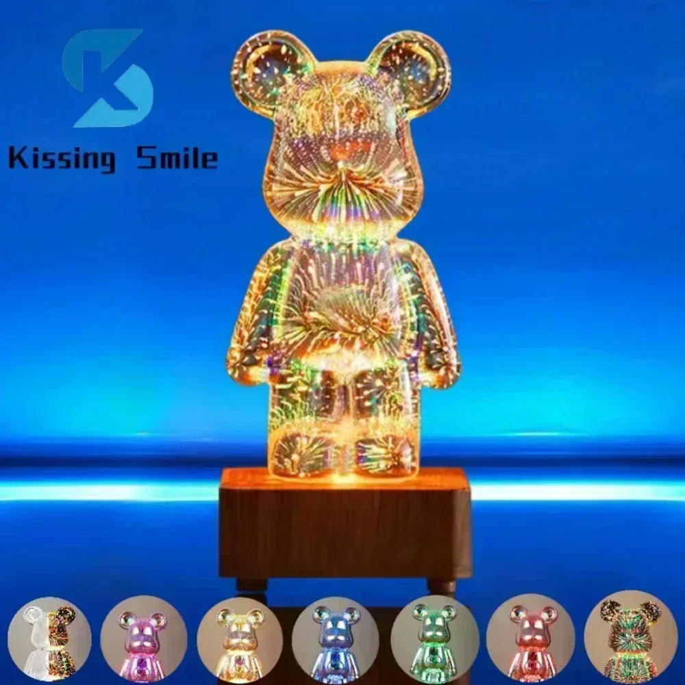 LED 3D Bear Firework Night Light USB Projector Lamp Color Changeable Ambient Lamp Suitable for Children Room Bedroom Decoration 