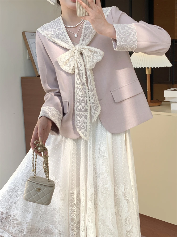 

Универсальный женский костюм Ele с кружевной вышивкой и бантом, весна 2026, модная верхняя одежда из полиэфирного волокна