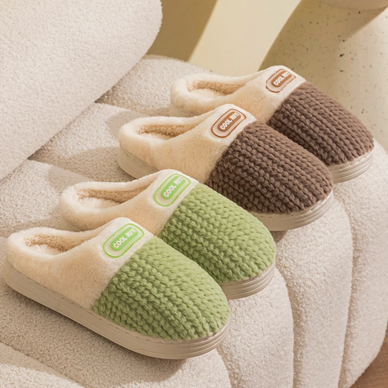 

Новые теплые и противоскользящие двухцветные хлопковые тапочки с пшеничными ушками для домашнего использования, парные хлопковые тапочки на толстой подошве для женщин и мужчин