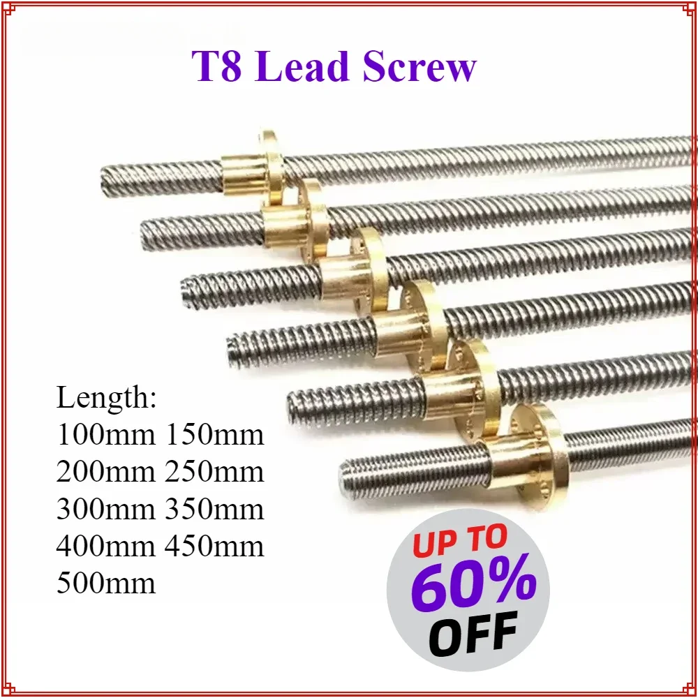 T8 Lead Screw Rod Lead Pitch 8mm OD 8mm Pitch Stainless Steel Trapezoidal Rod Threaded  Brass Nut for Reprap 3D Printer CNC Part