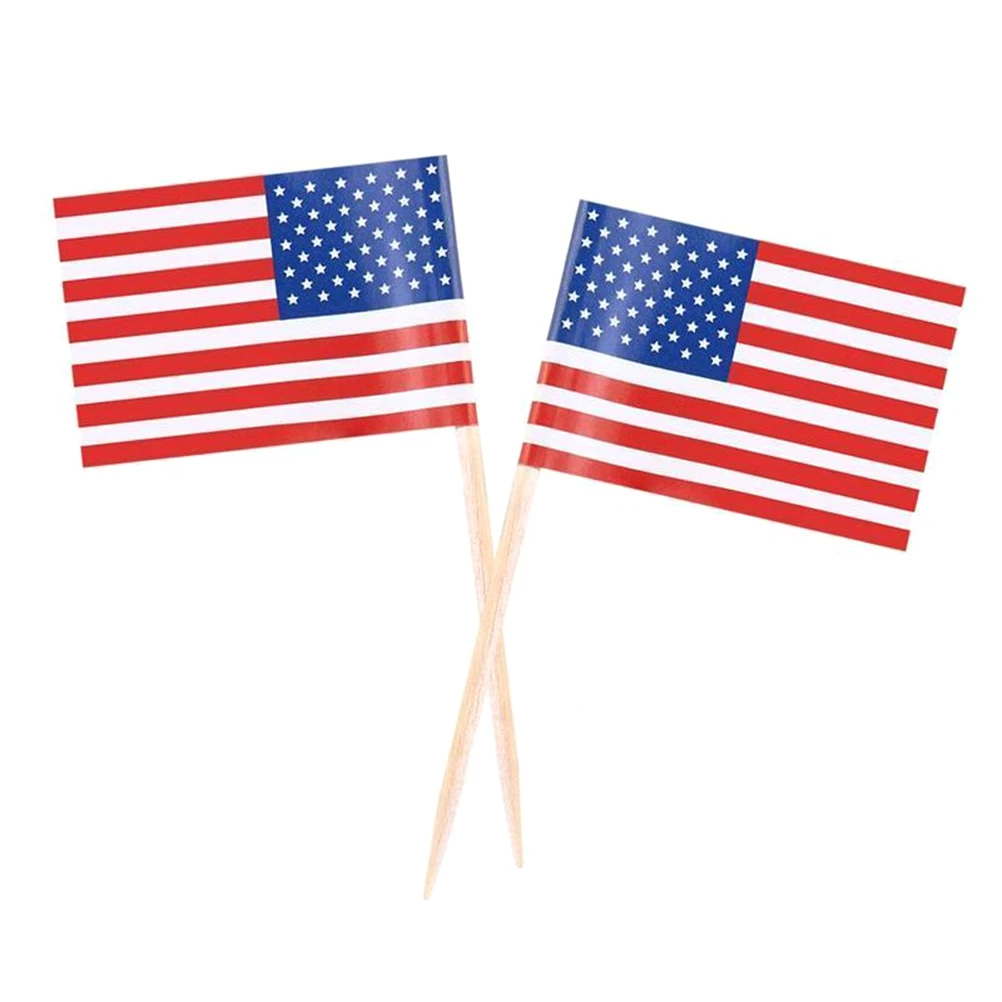 

100 Pcs with Cover Wedding Decor Patriotic Party Supplies Wooden Cupcake Flag Topper