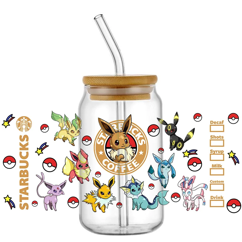 Funko Bestseller Niedliche Pokemon Beliebte 16oz UV DTF 3D Transfer Cartoon Aufkleber Folienaufkleber für Glas Dosen Becher Basteln DIY Kreativ