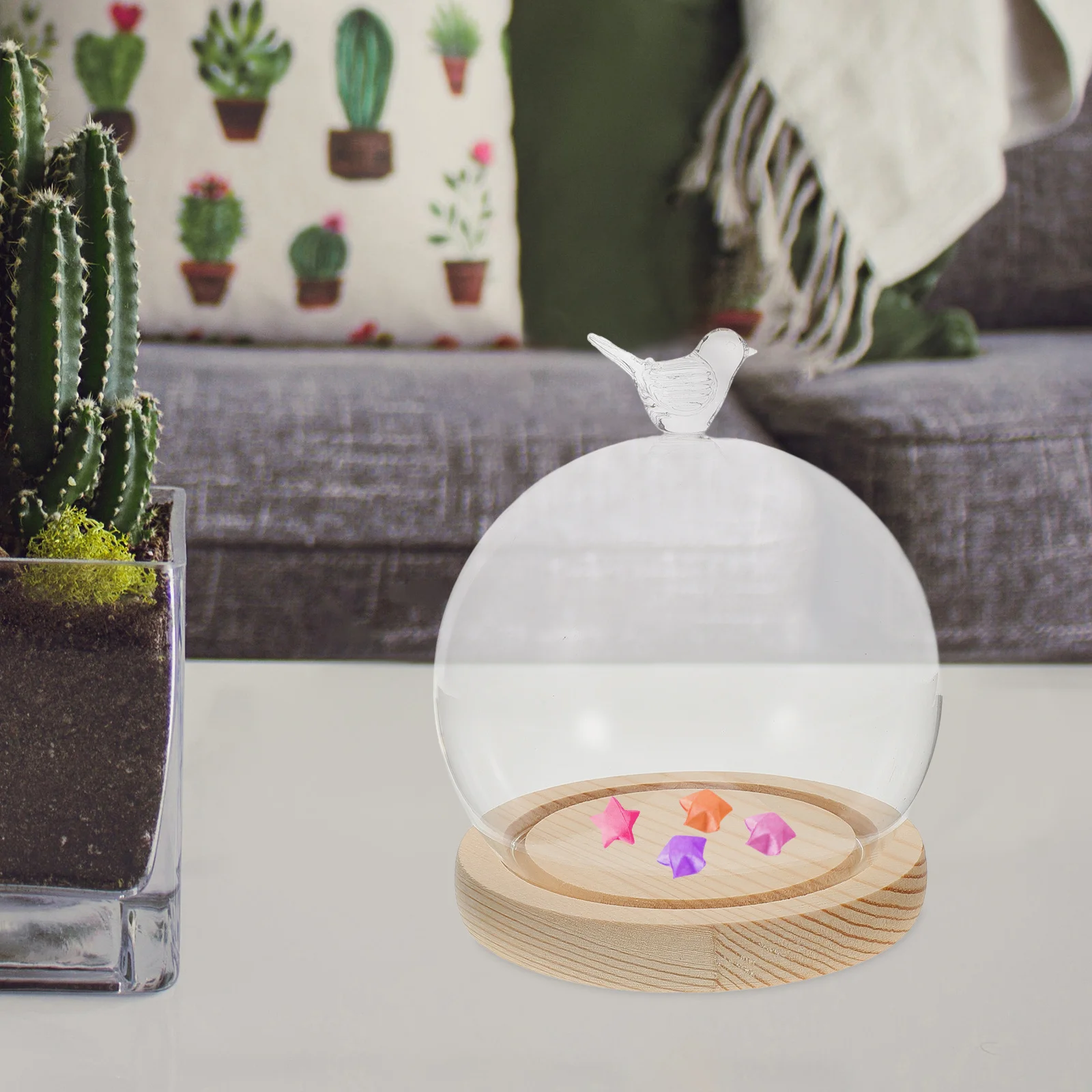 

1Set Glass Display Dome Cloche Spherical Shape Bird Knob Stable Base Decorative Globe for Preserved Flowers