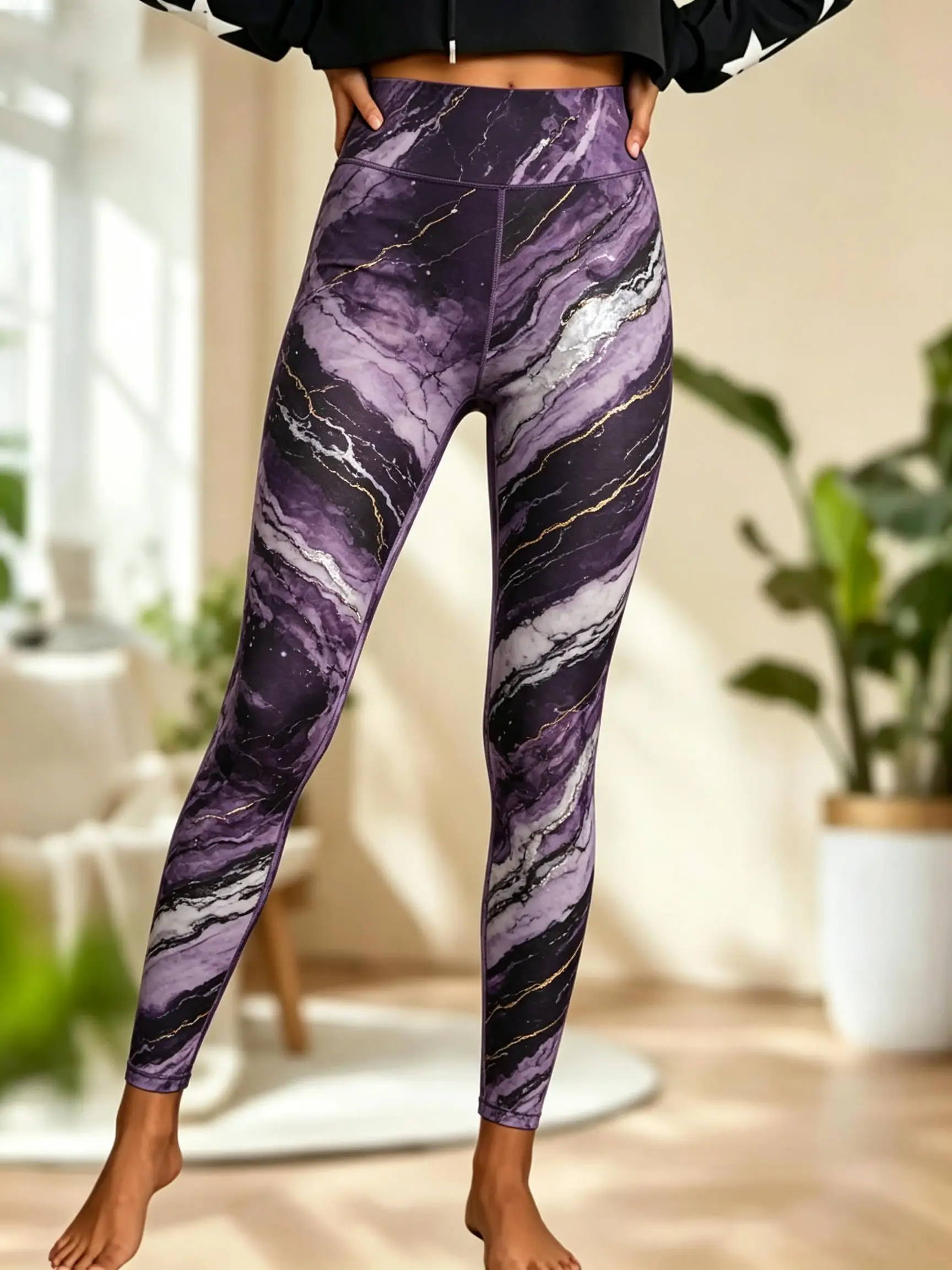 Women Fleece‑Lined Mid‑Rise Leggings Purple Marble Gold Foil Swirl Print Slim Warm Pants