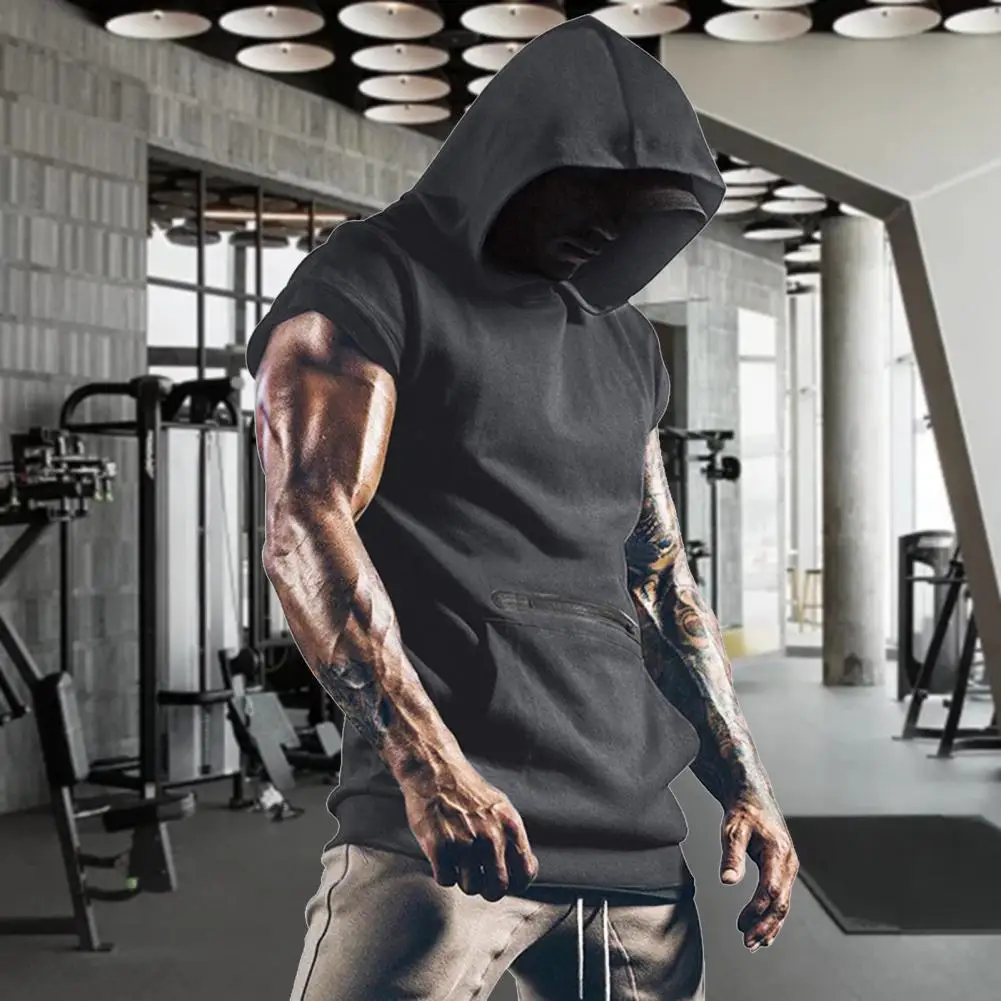 Trendy Hoodie Vest Stretchy Sweatshirt Vest Front Pocket Men Bodybuilding Sleeveless Hooded Tank Top  Moisture Wicking