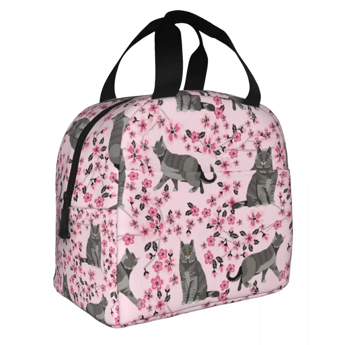 British Shorthair Pink Cherry Blossoms Lunch Bags Portable Insulated Cooler Bags Thermal Food School Lunch Box for Women Kids