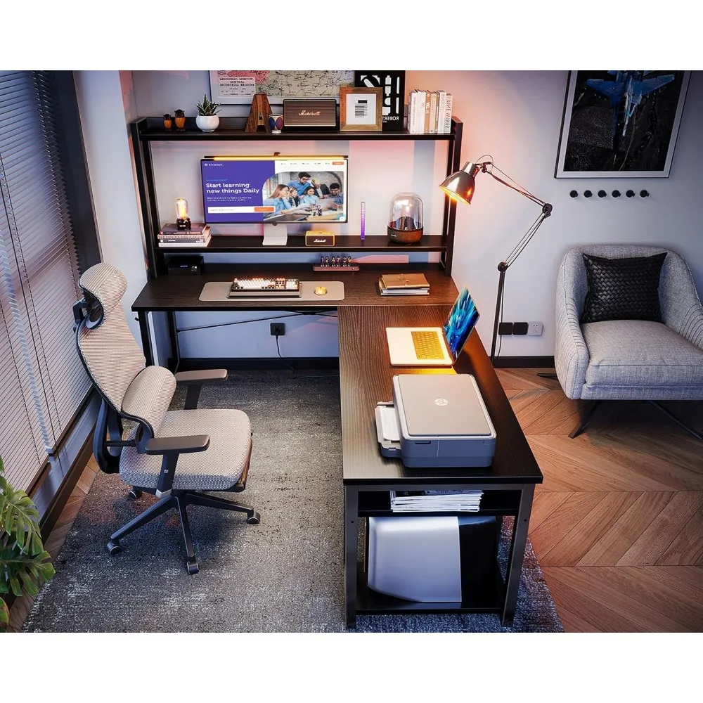 مكاتب ألعاب على شكل حرف L مع قفص، مكتب كمبيوتر مع أرفف تخزين، مكتب على شكل L 66 بوصة للمكتب المنزلي، مكاتب زاوية مع Hea