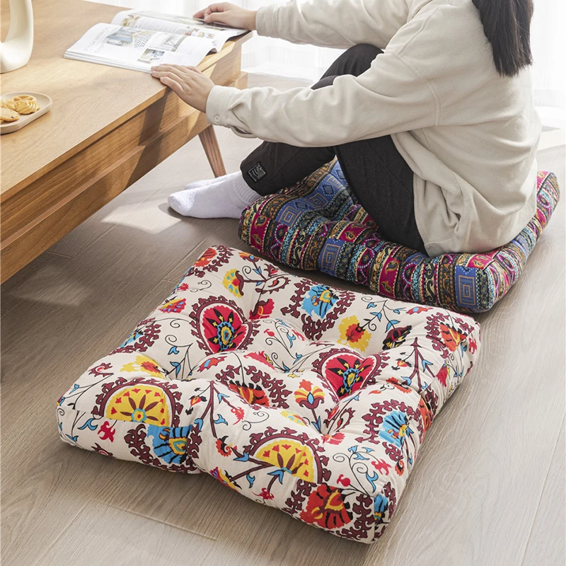 Bohemian Printed Cotton Pouf Ottoman Ethical Style Thick Living Room Floor Seating Comfort 55X55Cm Non Collapse Tatami Hip Pads