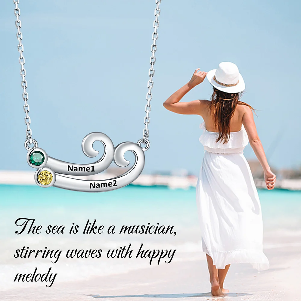 Personalized Sea Wave Necklace Engraved Name and Birthstone 925 Sterling Silver Custom Pendant Birthday Jewelry Gifts for Women