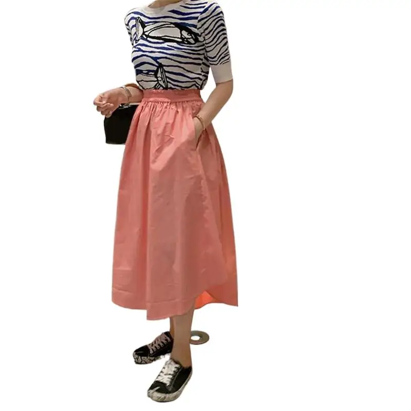 

High Street Women Summer Autumn Long Skirts Candy Color Sweet Girl Party Skirts With Pocket Stylish Chic Cotton Linen Skirts