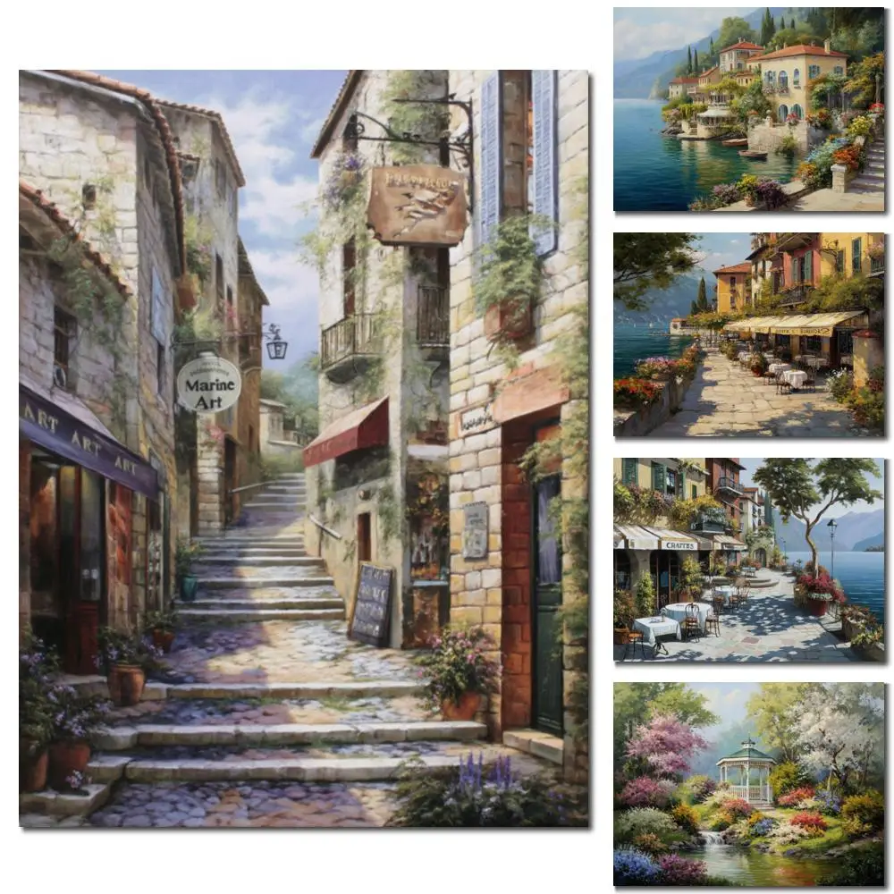 Italian Mediterranean HD Printed Canvas Art Tuscany Terrace Wall Picture Countryside Landscape Painting for Restaurant Lounge