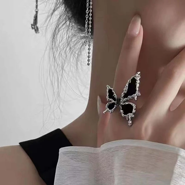 2024 New Fashion Black Liquid Butterfly Ring for Women Punk Metal Exaggerated Open Adjustable Insect Ring Party Jewelry AliExpress