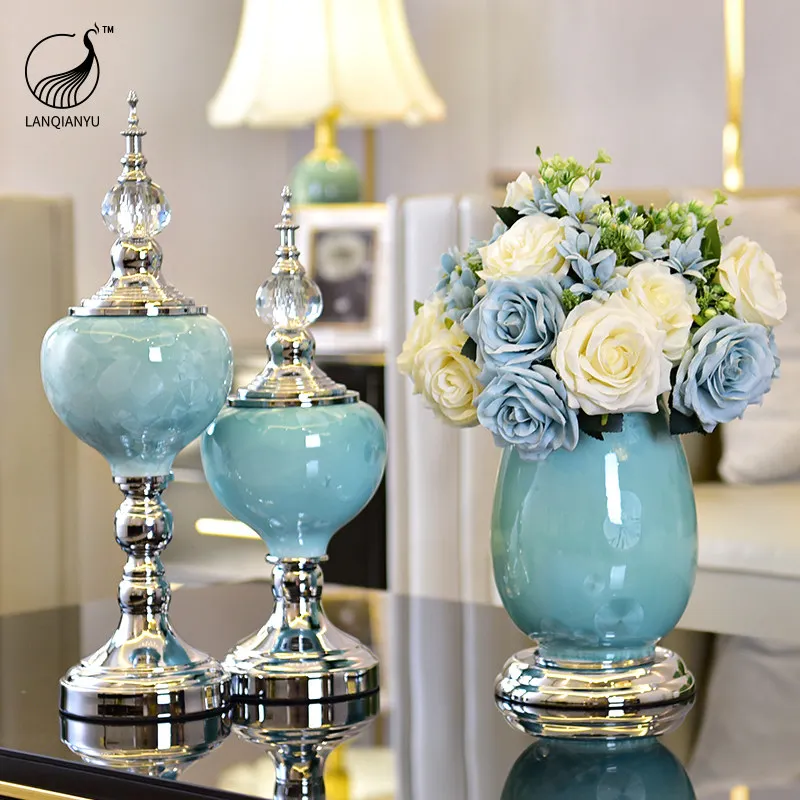 European glass vase ceramic French retro ornament dining table living room insert emotional stability vase light luxury high sen
