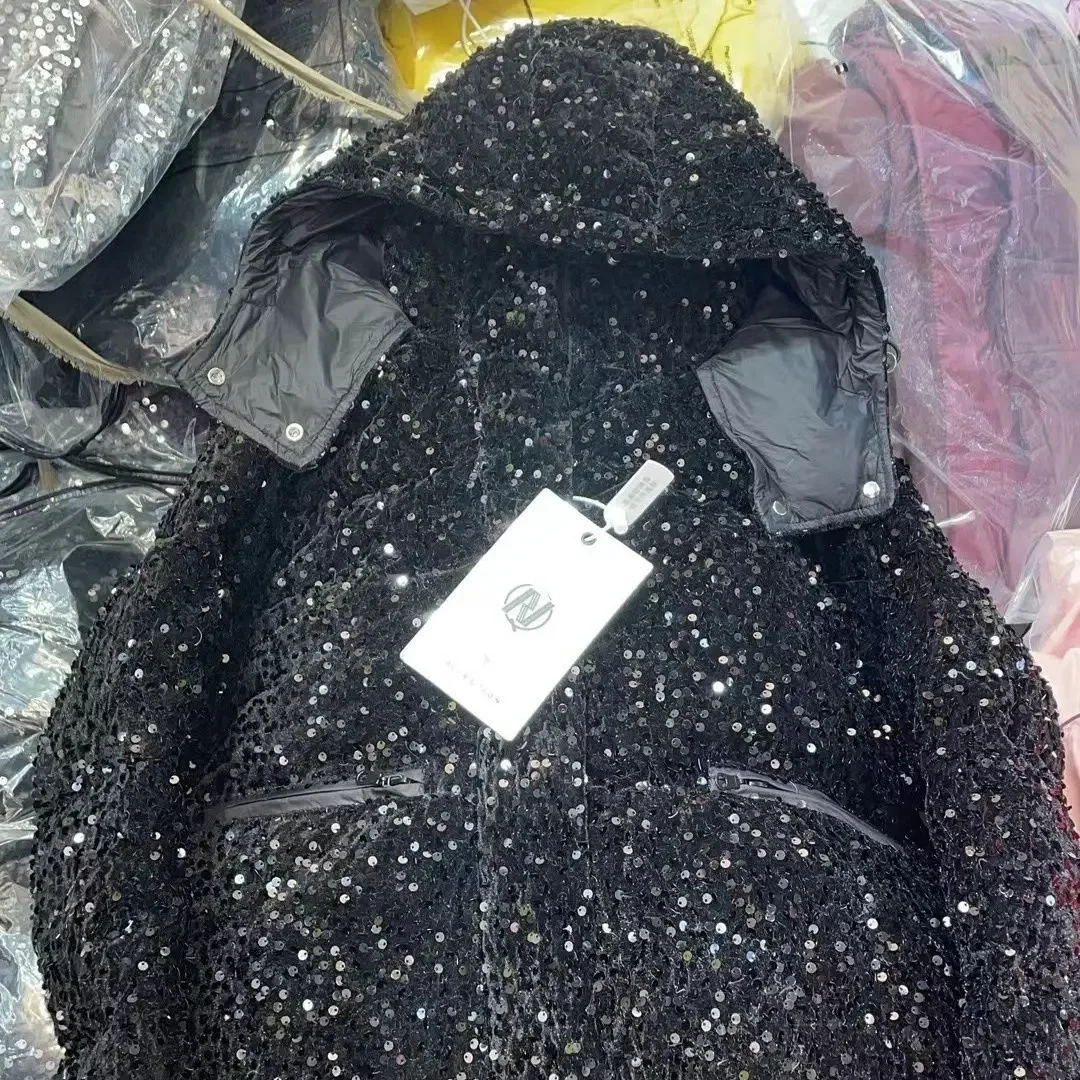 Winter Heavy Industry Sequined Hooded Short Puff Cotton Coat Glitter Quilted Holiday Party Warm  Y2K Loose Casual Parka M-4XL