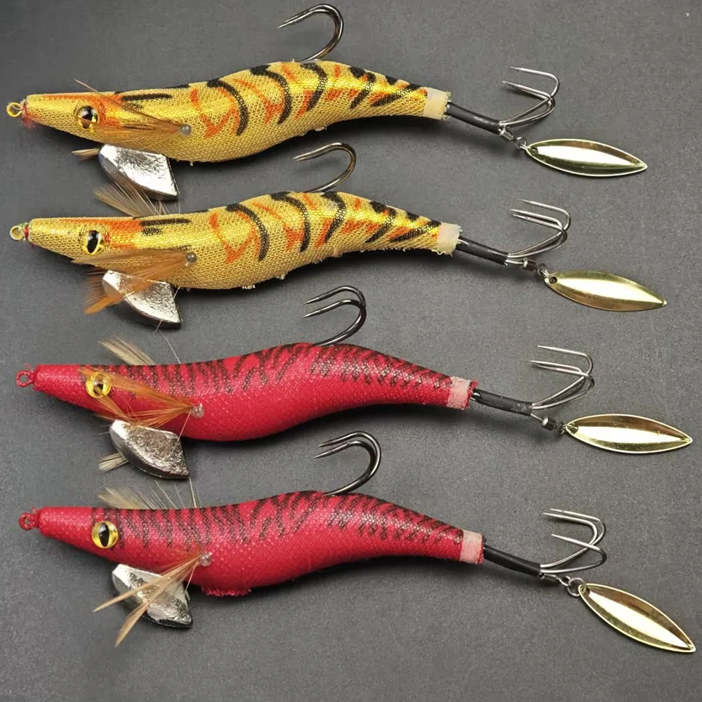2pcs Luminous Wood Shrimp Egi Squid Jig with Willow Spinner Blade Double Hooks Saltwater Night Fishing for Squid for Cuttlefish