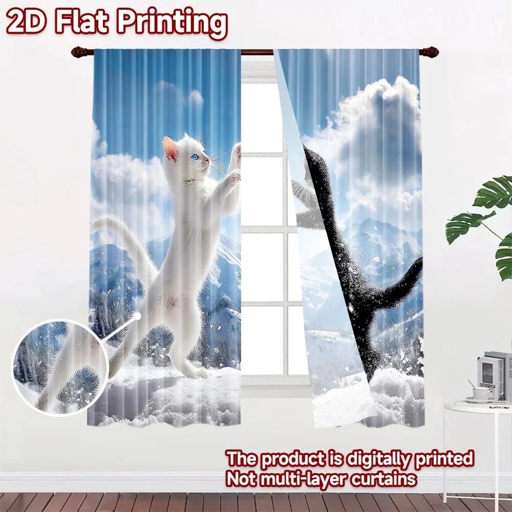 2D flat printing 2pcs Window Curtains Cute Cats Snow Mountain Dance Digital Printed Polyester Drapes Holiday Decorations for
