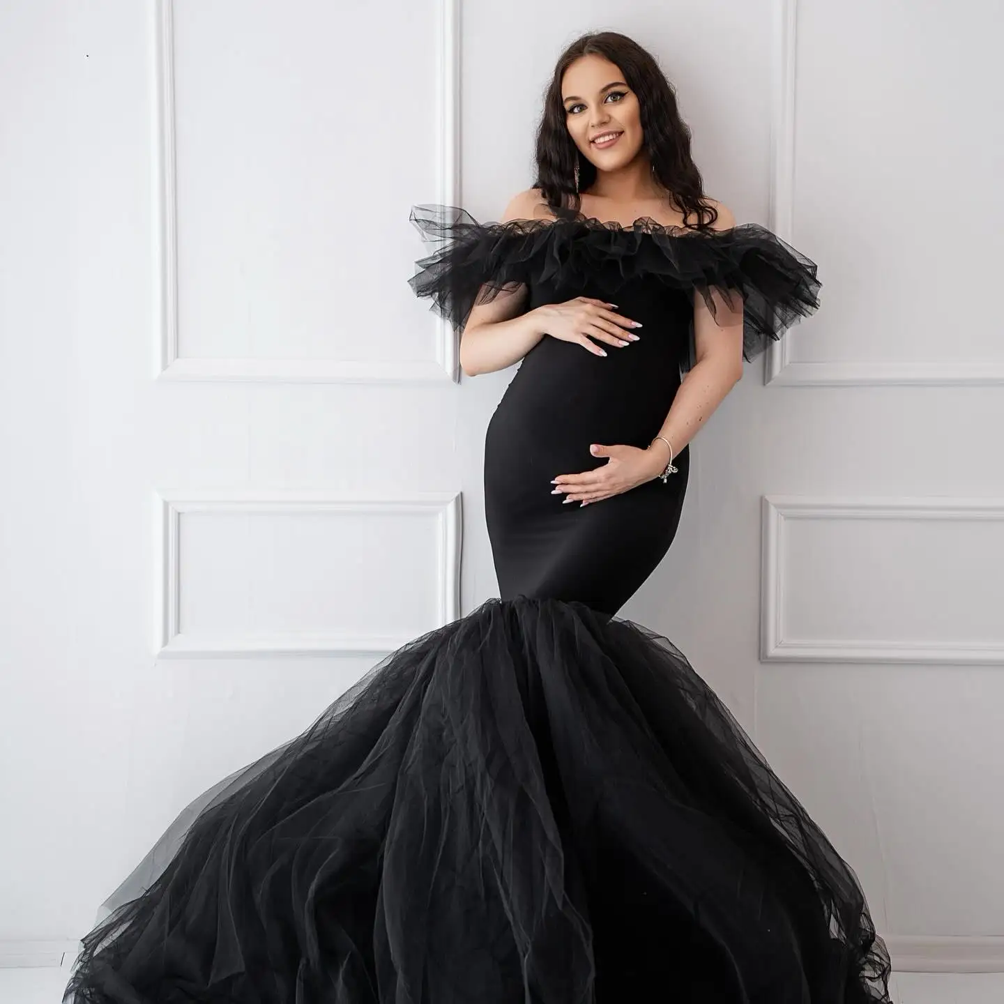 

BlACK Mermaid Maternity Dresses Off The Shoulder Sleeveless Vestidos De Noche Pregnancy Photography Babyshower Gowns Dressing