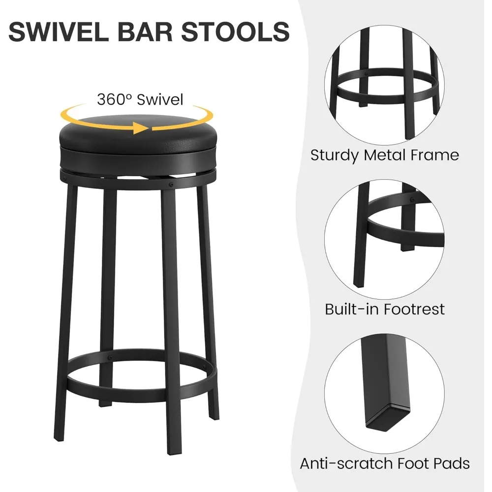 24'' Swivel Bar Stools Set of 4 with Footrest, Modern Counter Height Barstools with PU Leather Upholstered and Metal Frame, Bac