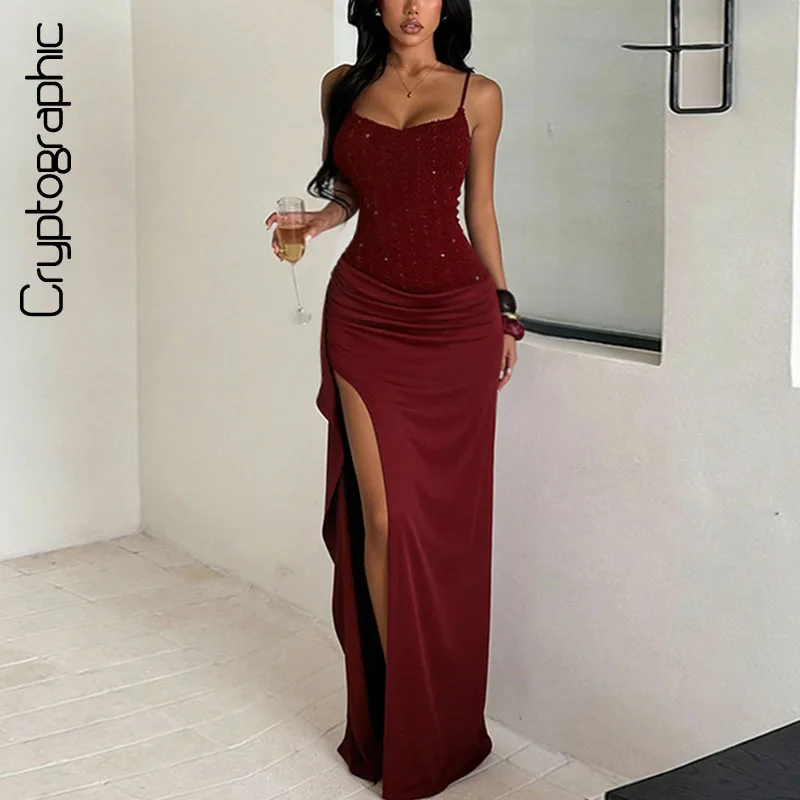 

Ruched Textured Satin Patchwork Bodycon Maxi Dress Side Pleated High Split Elegant Party Evening Gown