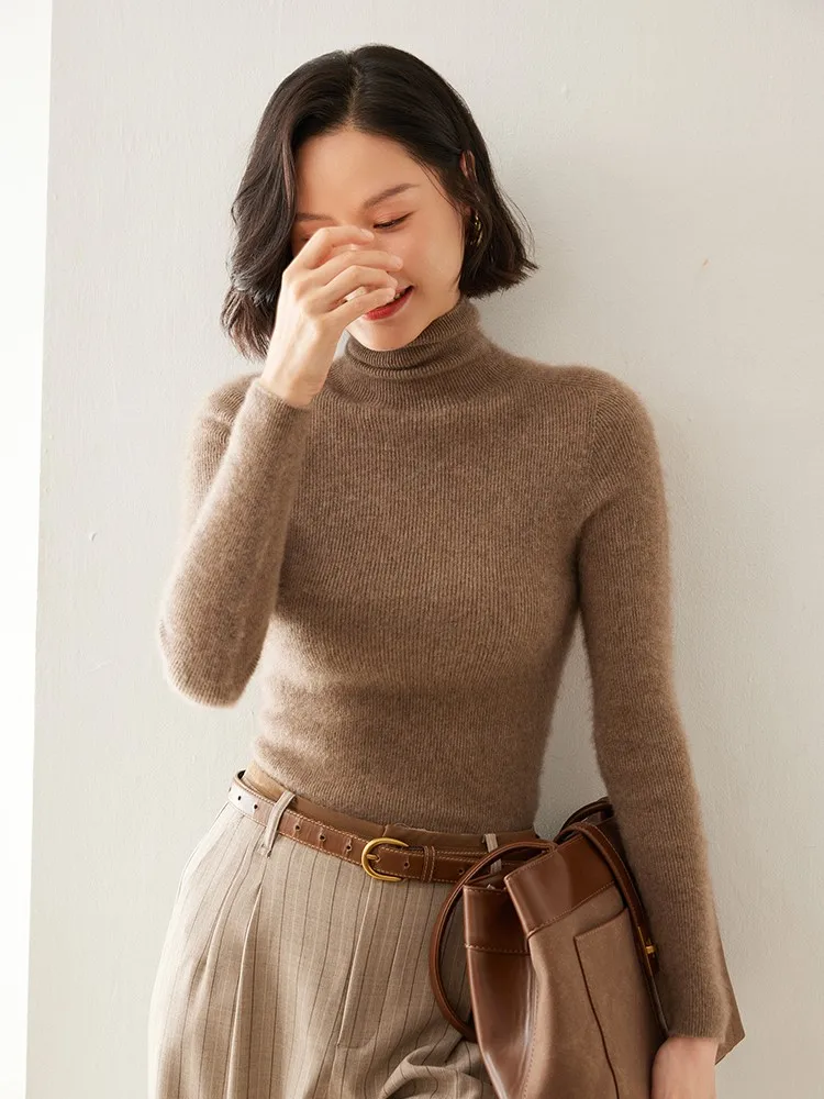 Camisola de caxemira sem costura, gola alta, fina, com cordão, cor sólida, manga comprida, camisa de fundo de malha