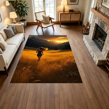 Woman Running Golden Grassland Mountain Sunset Carpet Flooring, Dreamy Nature Scenery Non-Slip Area Rug for Living Room Bedroom Home Decor