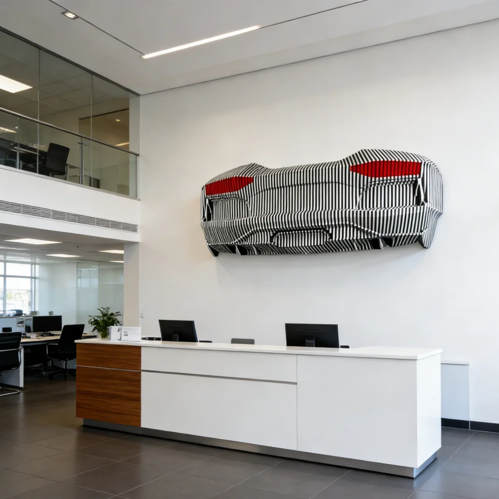 ！@Custom Car Design Decor Premium Wood Showroom Company Front Decor Installation Commercial Space Art