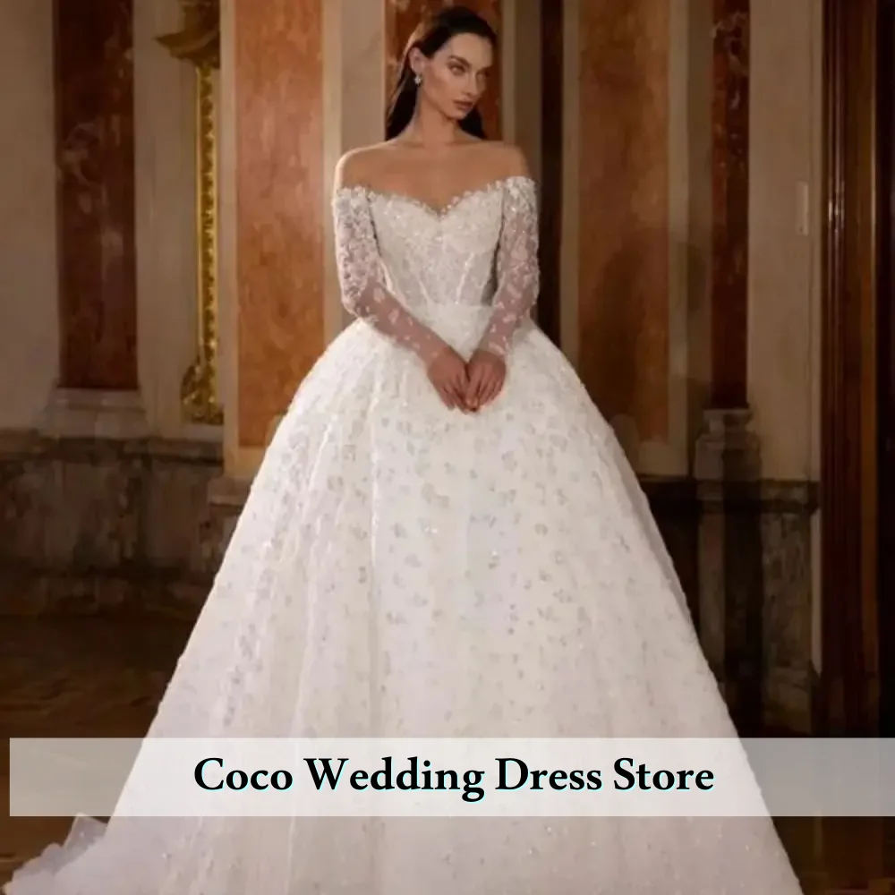 Abito da sposa elegante a trapezio personalizzato con spalle scoperte Abito da sposa romantico a maniche lunghe Abito lungo fino al pavimento lucido