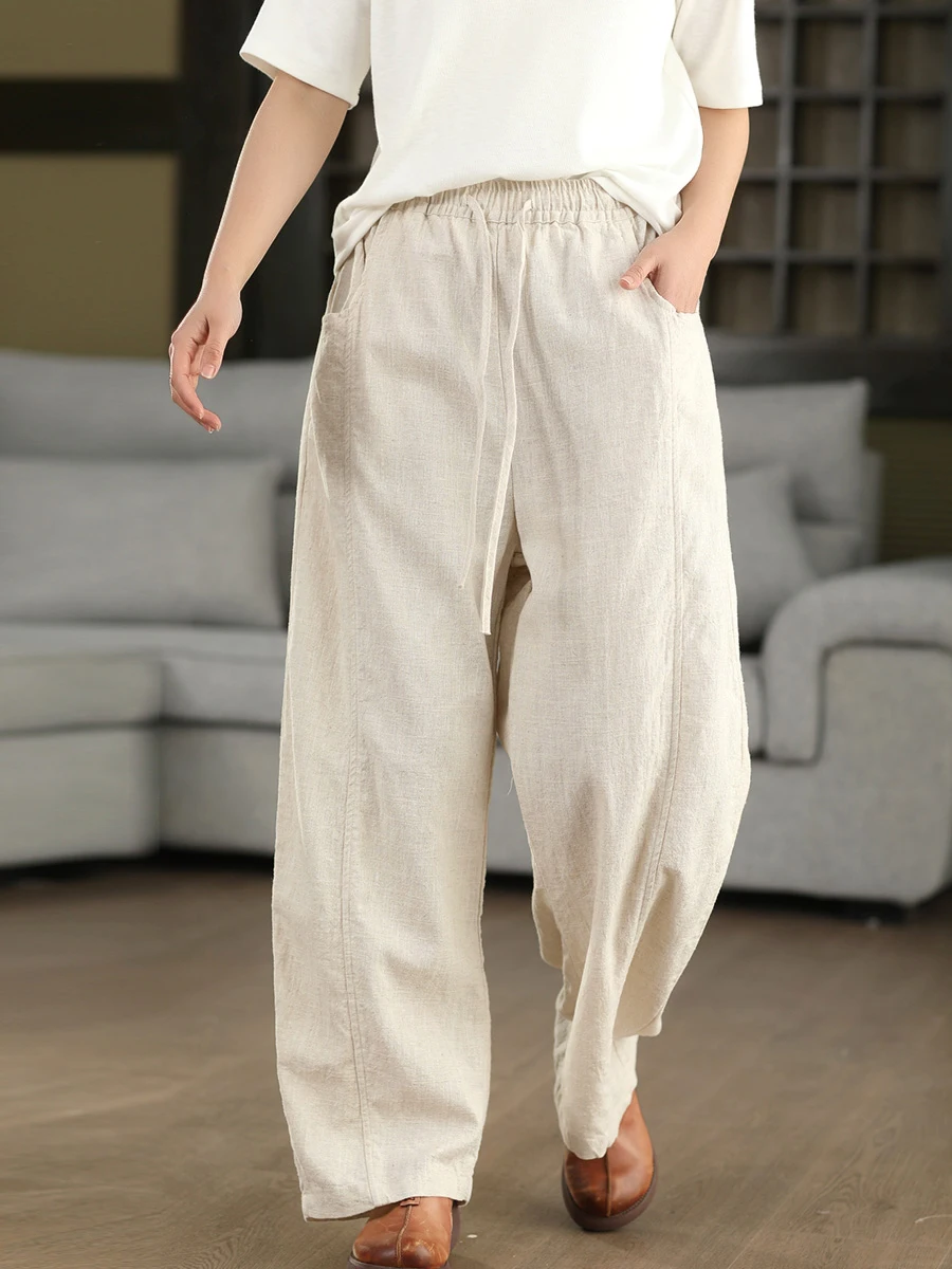 

Женские укороченные брюки из льна в стиле ретро, весенние, повседневные, с эффектом похудения, художественные, с высокой талией и эластичным поясом