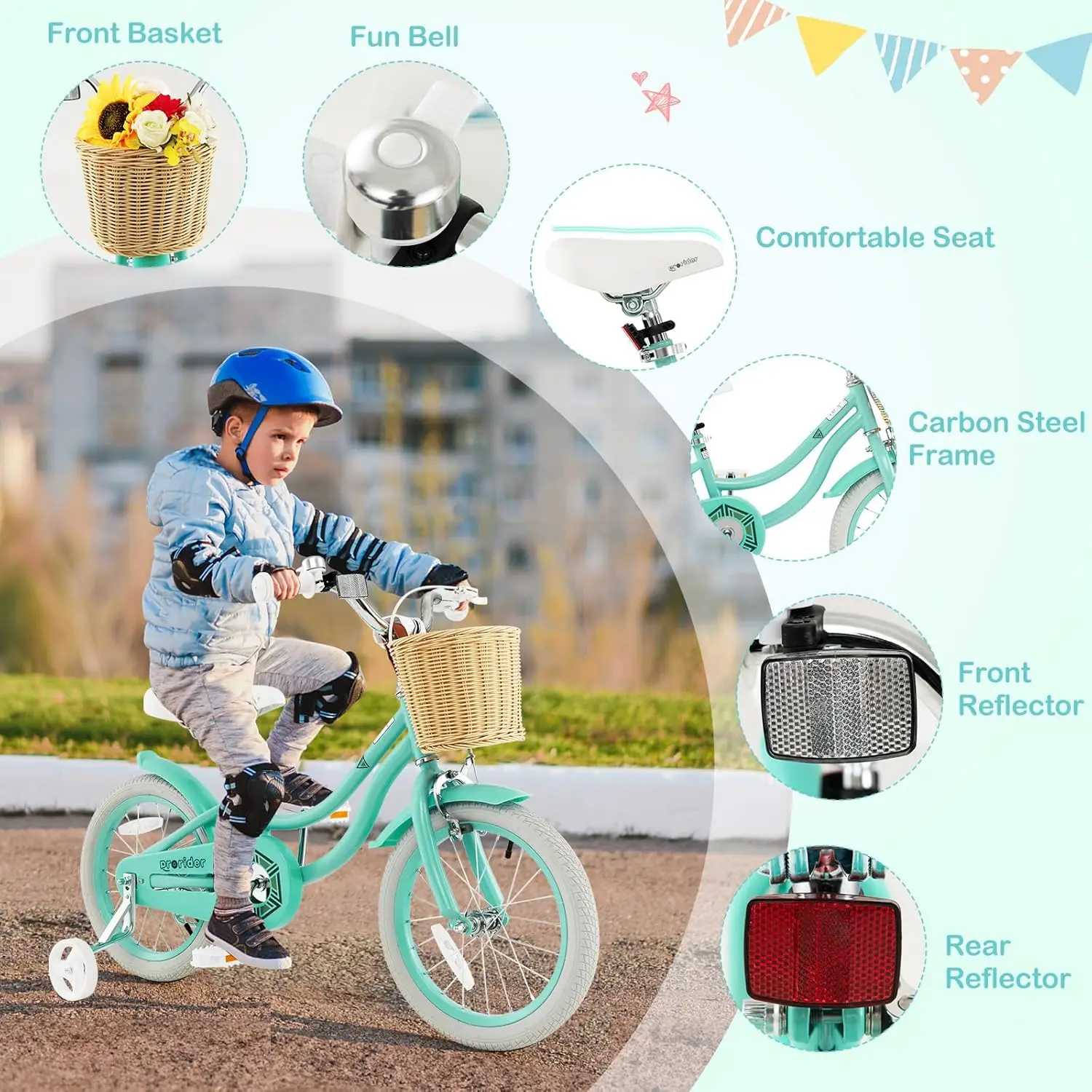 Kinderfahrrad, 14 16 18 Zoll Retro-Kinderfahrräder für Kinder im Alter von 3 bis 8 Jahren mit Stützrädern, höhenverstellbar, Rattankorb,