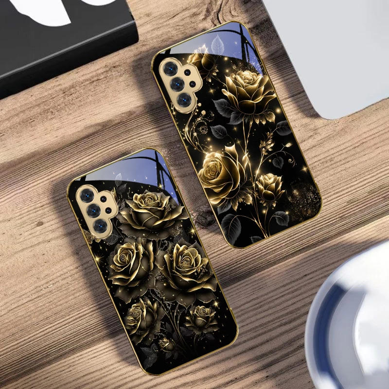 

Romantic Black Gold Rose For Samsung A 31 32 33 34 35 14 15 13 16 25 26 50 52 53 54 55 56 70 71 72 73 Golden glass phone case