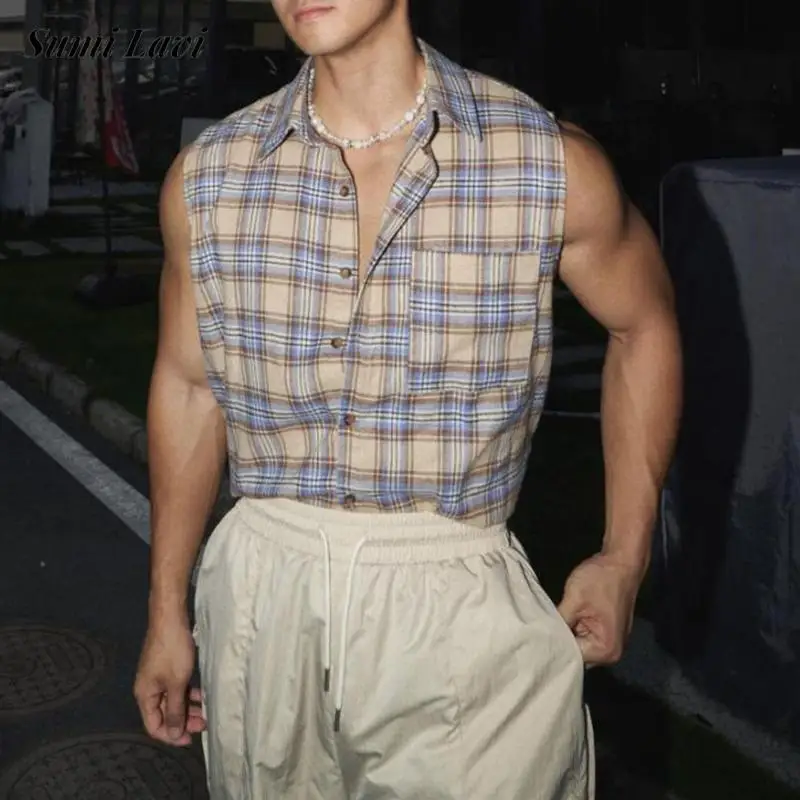 

2025 Spring Summer New Casual Mens Tank Tops Vintage Plaid Print Lapel Buttoned Vest Shirt Men Fashionable Sleeveless Cardigan