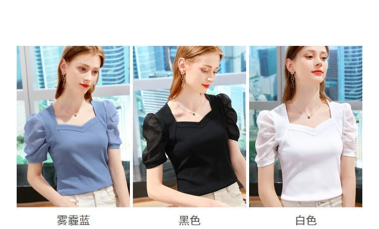 Elegante Damen-Bluse mit Sweetheart-Ausschnitt und Puffärmeln, Blaue Gerippte Figurbetonte Kurzarm-Bluse, Lässiges T-Shirt für Büro und Alltag – Detail 3