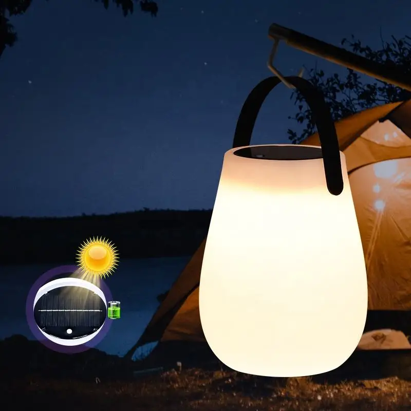 Solar Powered Outdoor Camping LED Tabletop Lantern USB Rechargeable Battery Cordless PE Table Lamp with Silicone Handle light