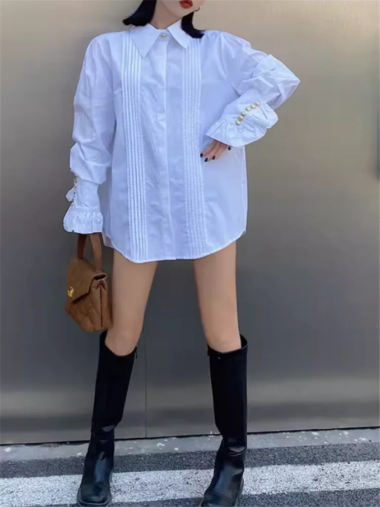 

French Style Stunning Women Ruffles Long Sleeve White Shirt New Design 2026 Spring Casual Loose Long Top Court Style Chic Blouse