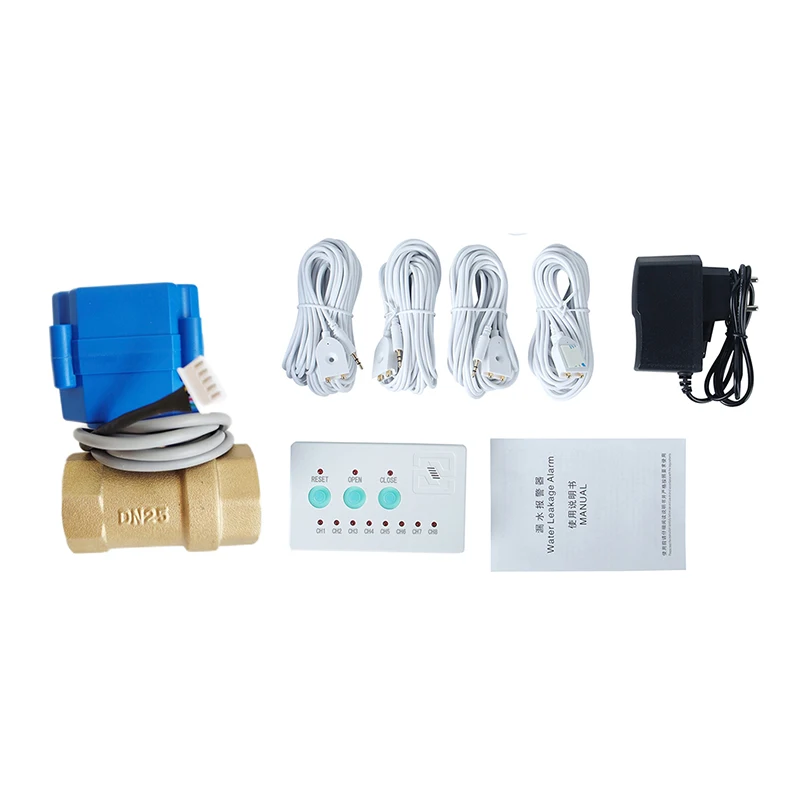 

Industrial Grade Water Leak Sensor Support 110-240V 5V Plug with 1/2" 3/4" 1" Brass Valve 4pcs 6M Water Sensor for Home Security