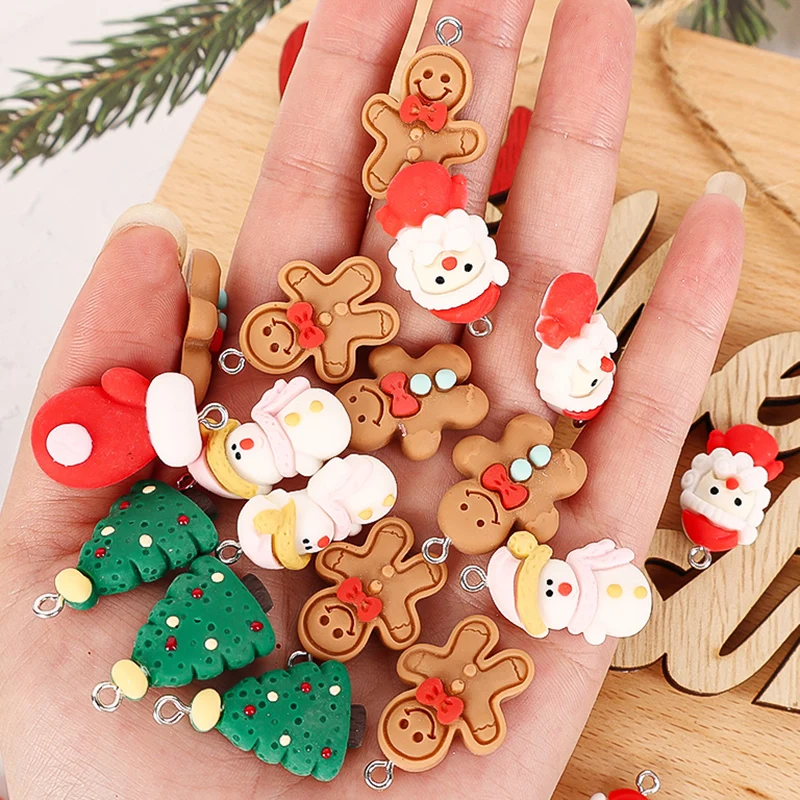 10pcs Christmas Gingerbread Man Santa Claus Charms Resin Pendant Charms for Earring Bracelet Keychain Kid Toy Diy Jewelry Making