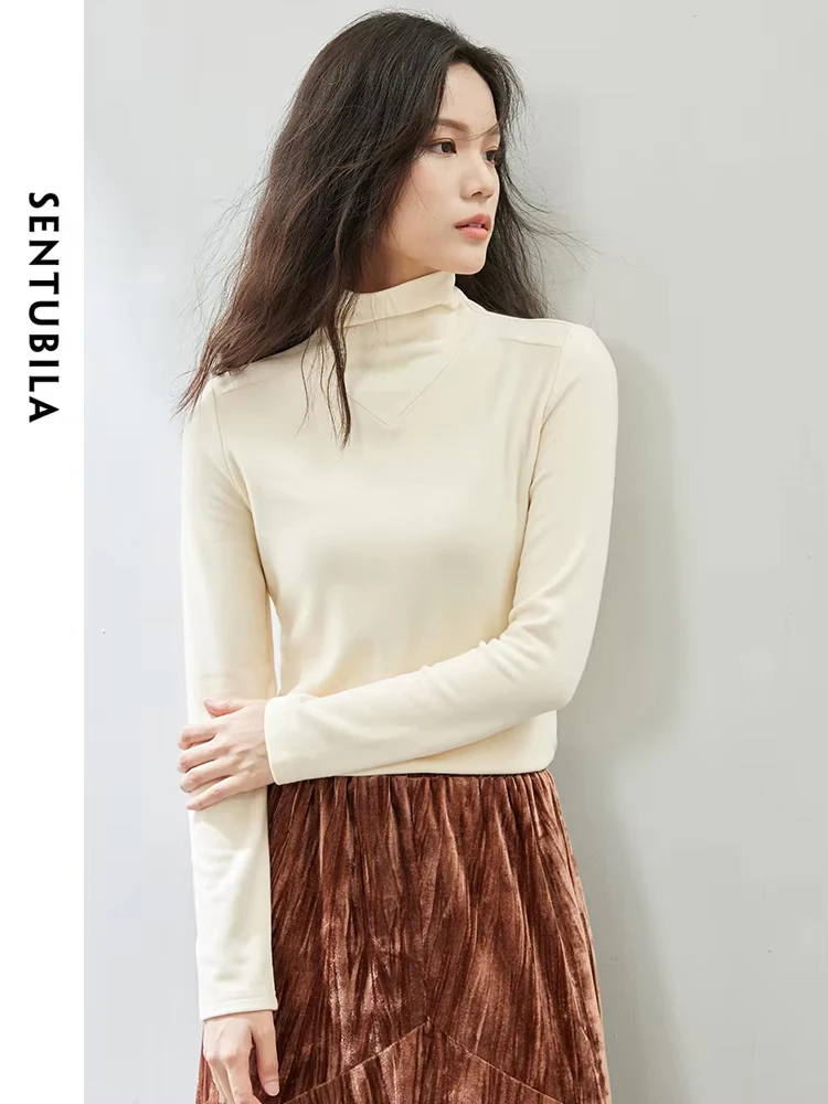 SENTUBILA Turtleneck Long Sleeve T-Shirt for Women 2024 Autumn Winter Simple Solid Female Slim Bottoming Shirt Tops 124T44530