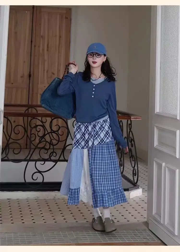 Nuovo in plaid patchwork misto cotone gonna lunga per donna 2025 moda giapponese dolce Mori ragazza gonne di media lunghezza panno donna